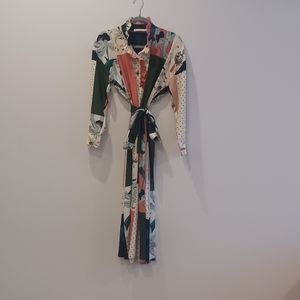 TORY BURCH Silk multi-pattern  navy/green art midi dress.